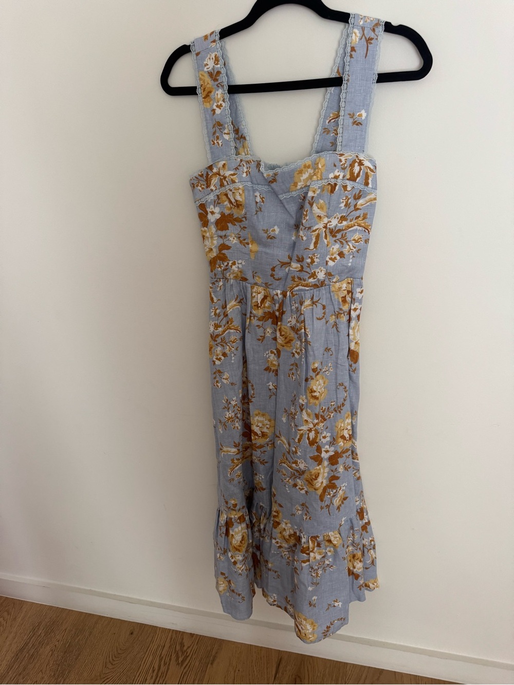 Reformation Blue Floral Midi Dress with Yellow Print